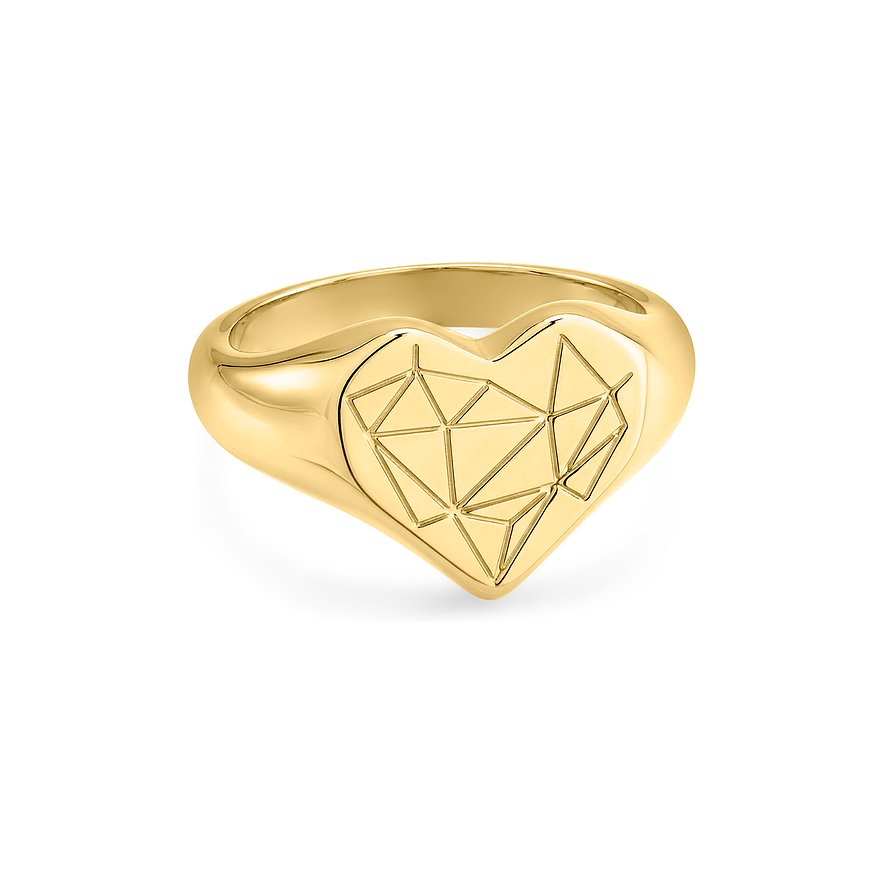 Liebeskind ring van goudkleurig edelstaal met hartvorm en geometrisch patroon aan de bovenzijde.