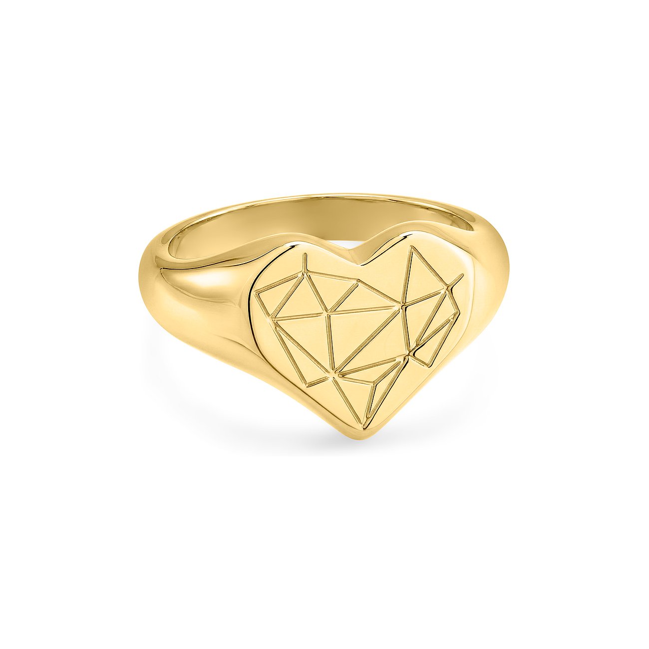 Liebeskind ring van goudkleurig edelstaal met hartvorm en geometrisch patroon aan de bovenzijde.