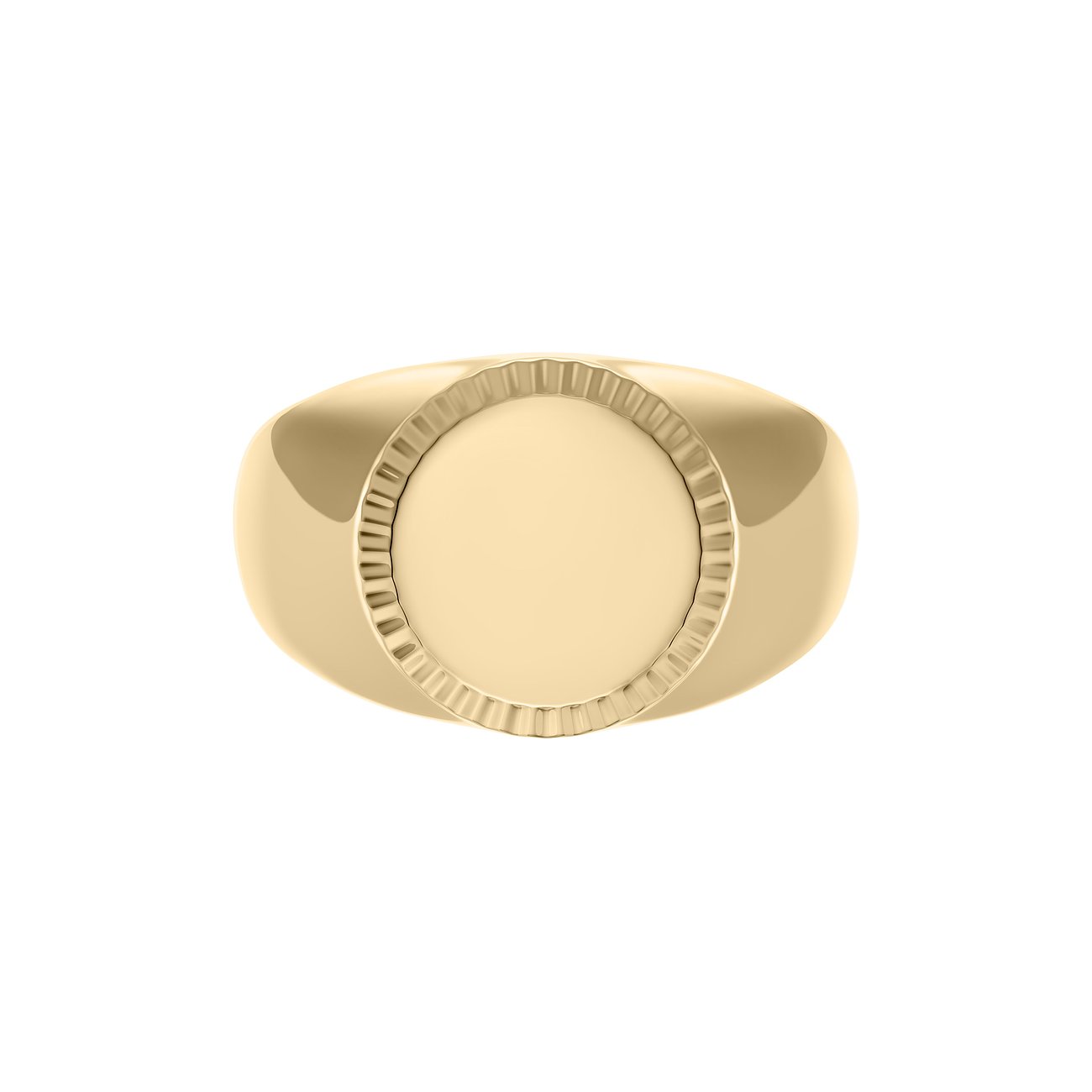 Fossilring i guldfärgat rostfritt stål med rund topplatta, betraktad snett uppifrån.