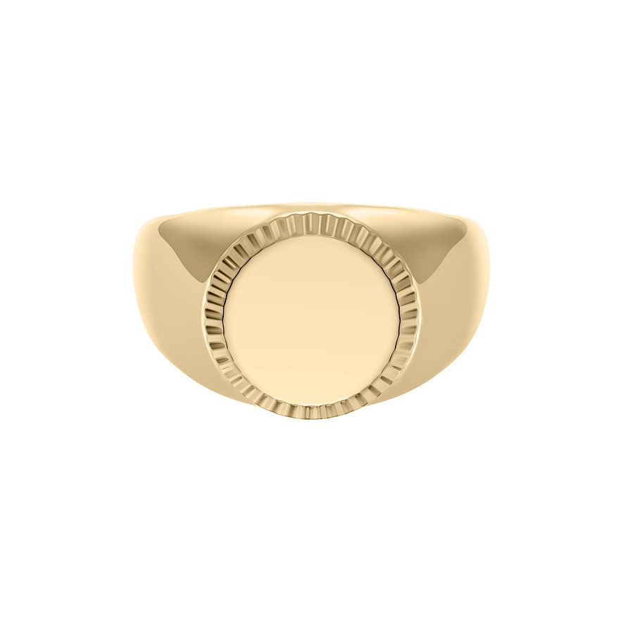 Fossil sigillring i guldpläterat rostfritt stål, med rund, slät yta och räfflad kant.