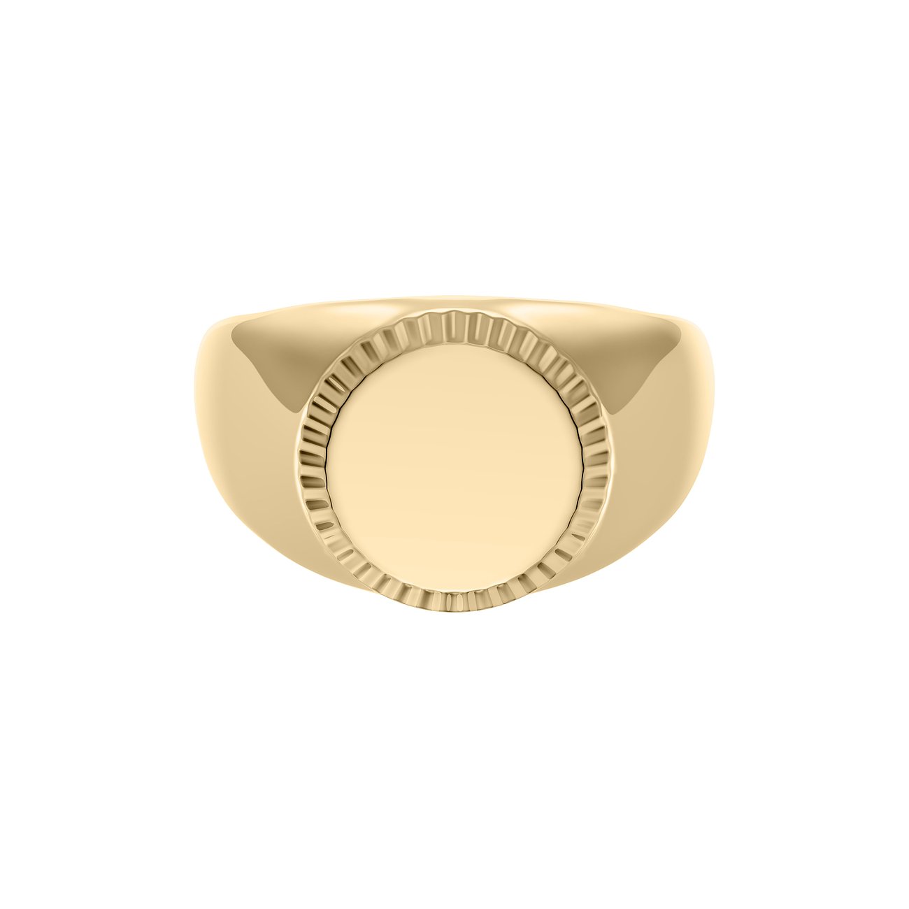 Fossil sigillring i guldpläterat rostfritt stål, med rund, slät yta och räfflad kant.