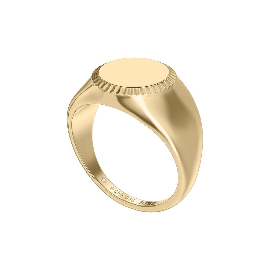 Guldfärgad Fossil sigillring i rostfritt stål med oval ovansida och räfflade kanter.