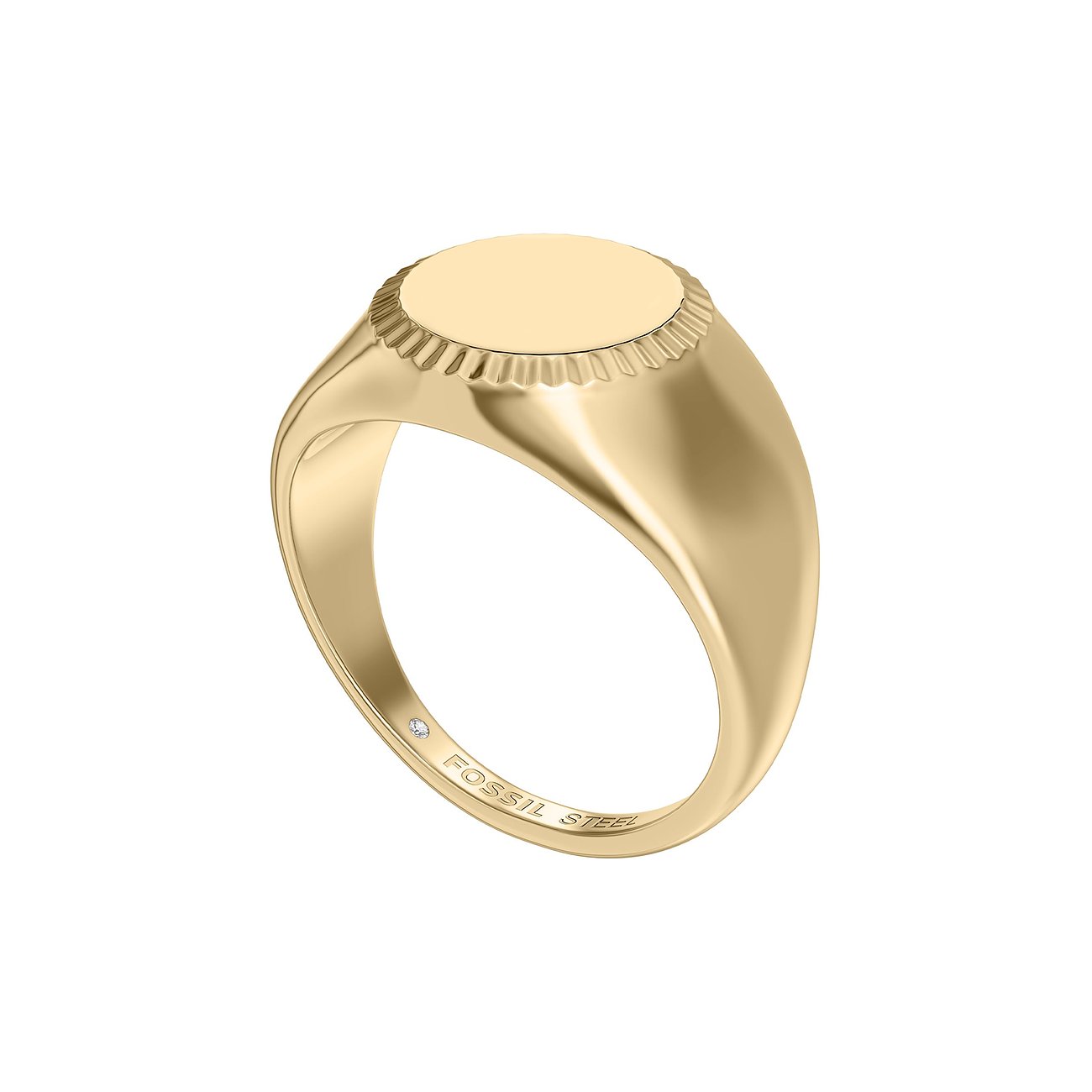 Guldfärgad Fossil sigillring i rostfritt stål med oval ovansida och räfflade kanter.
