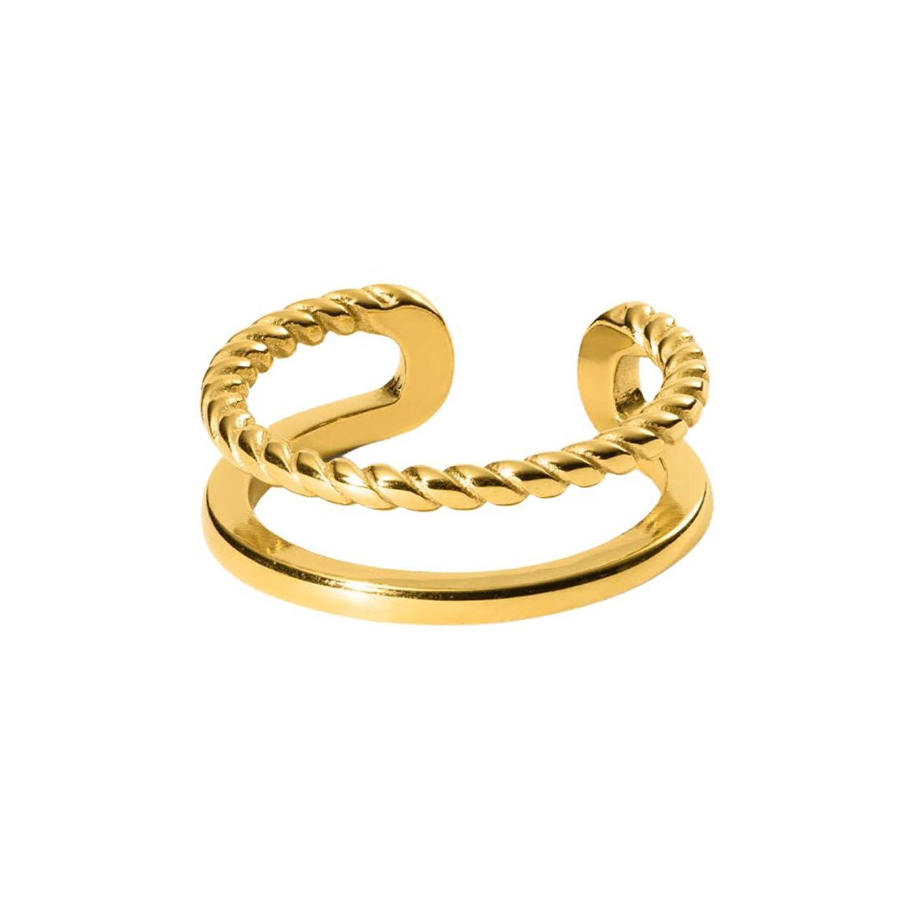Purelei ring van goudkleurig roestvrij staal met twee banden, waarvan één gedraaid, op een witte achtergrond.