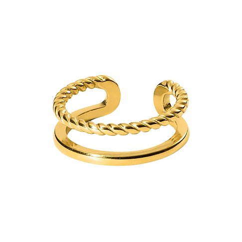Purelei ring i guldfärgat rostfritt stål med två band, varav ett är tvinnat, på vit bakgrund.