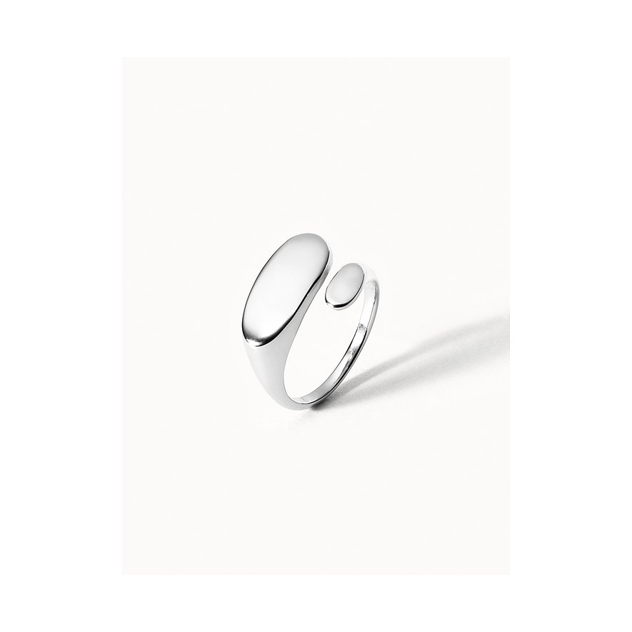 Zilverkleurige Purelei ring van roestvrij staal met twee glanzende, langwerpige edelstenen, de grotere overlapt de kleinere.