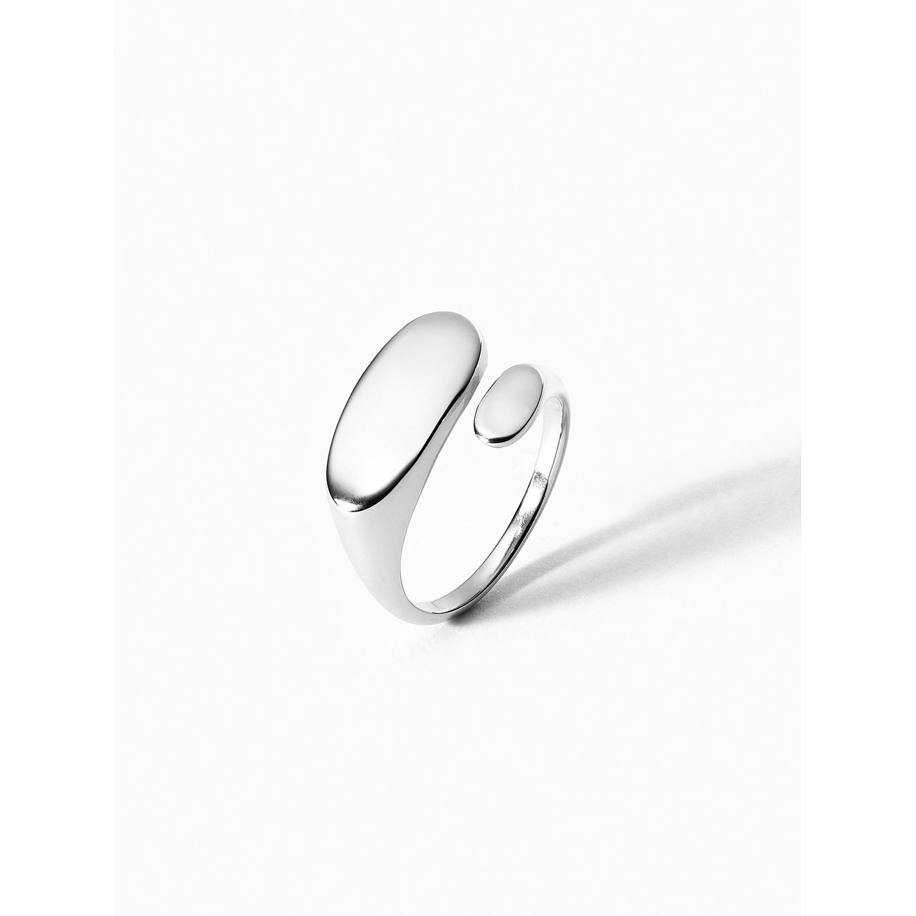 Zilverkleurige Purelei ring van roestvrij staal met twee glanzende, langwerpige edelstenen, de grotere overlapt de kleinere.