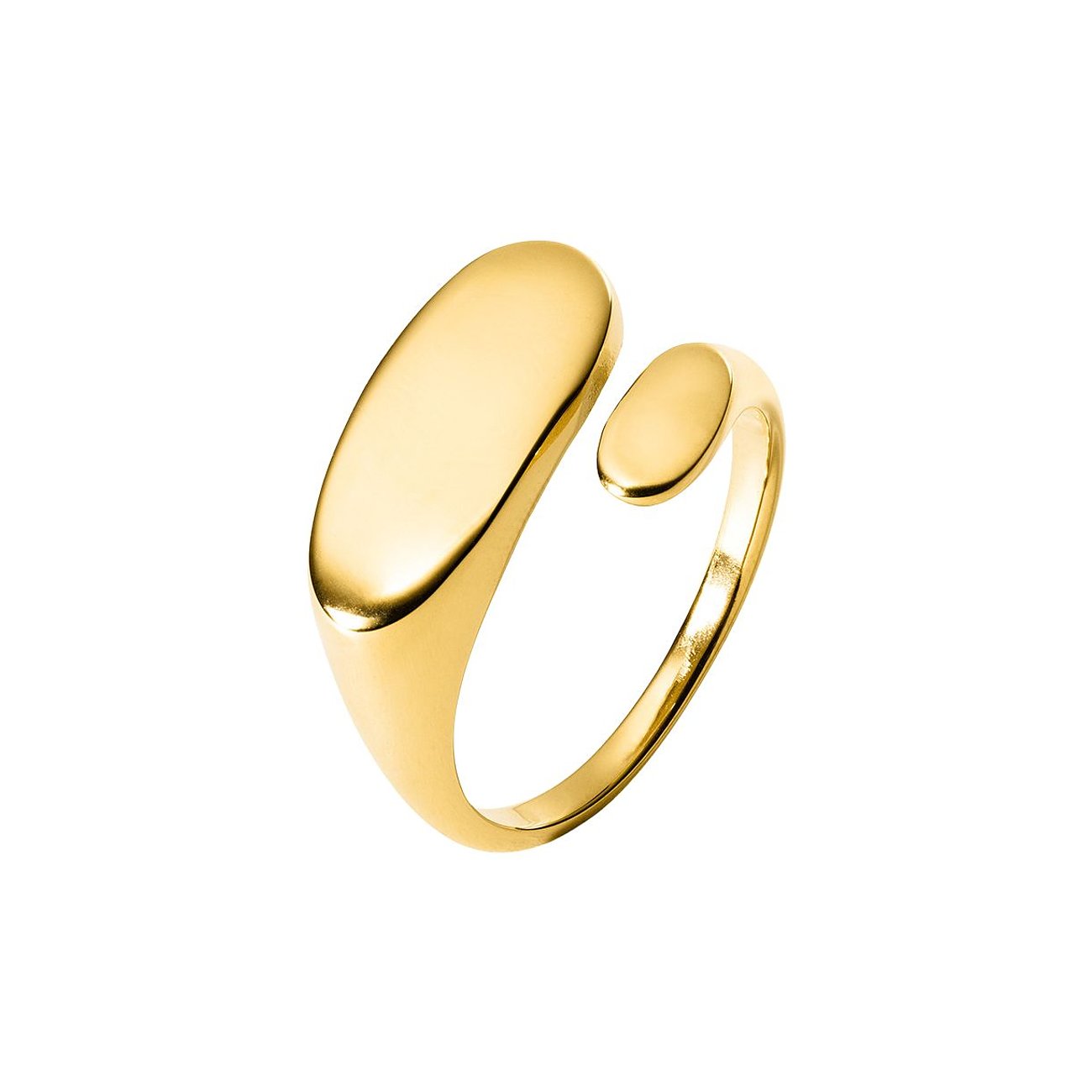 Een open Purelei ring van goudkleurig roestvrij staal met twee glanzende, ovale uiteinden op een witte achtergrond.