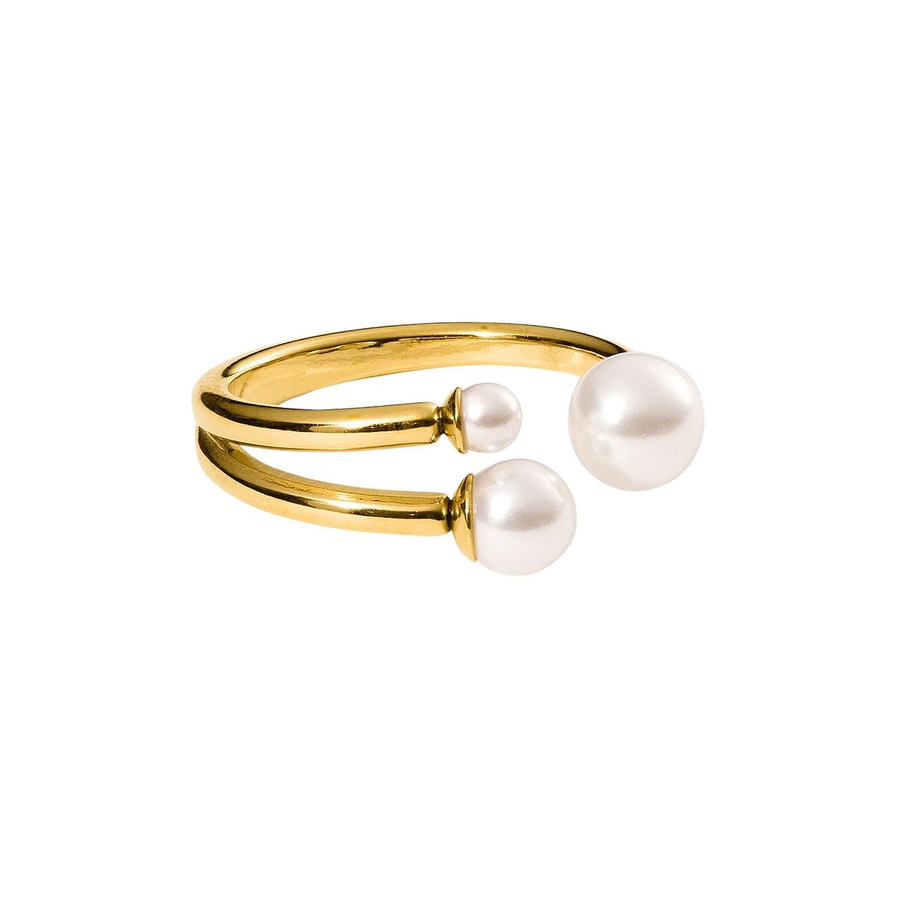 Een open Purelei ring van goudkleurig roestvrij staal met twee witte parels van verschillende groottes.