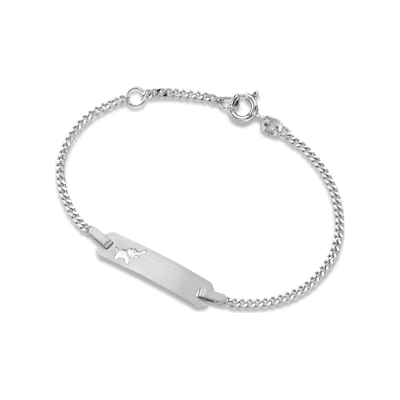 Ein mattiertes FAVS Little Friends 925er Silber Id-Armband mit Plättchen und eingraviertem Elefantenmotiv.