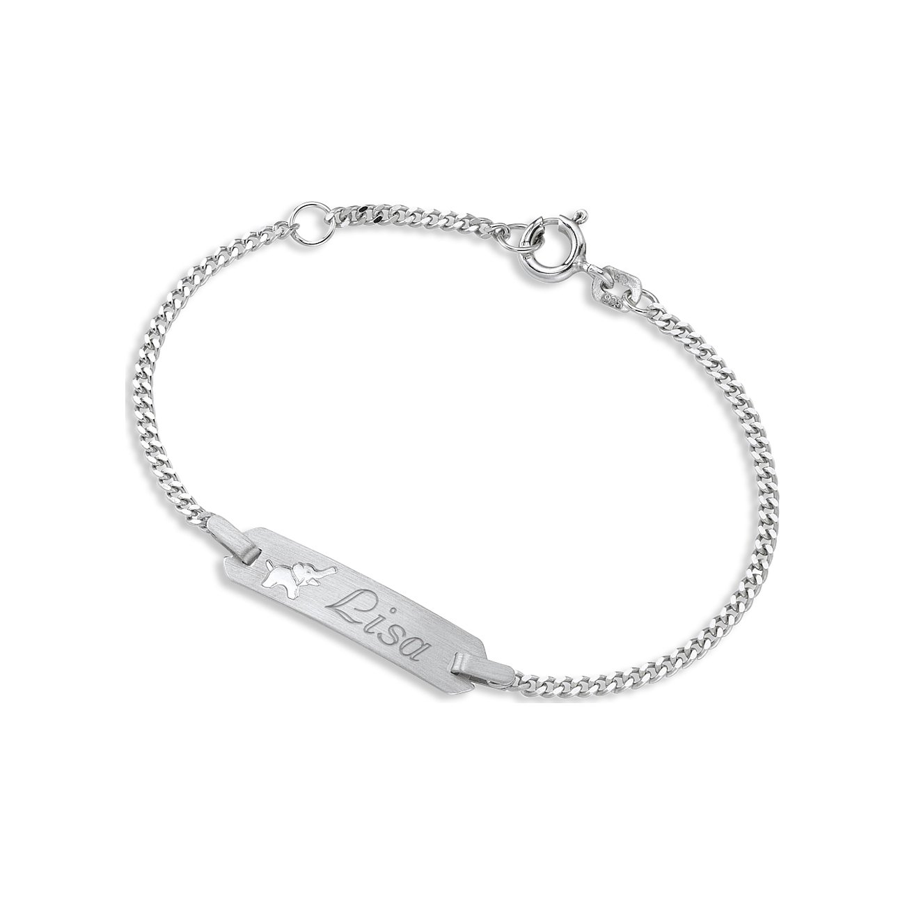 FAVS Little Friends Armschmuck aus 925 Silber mit einer Namensplatte auf der „Lisa“ und ein Elefant aufgedruckt sind.