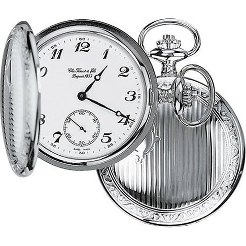 Tissot Taschenuhr mit weißem Zifferblatt und silberfarbenem Gehäuse.