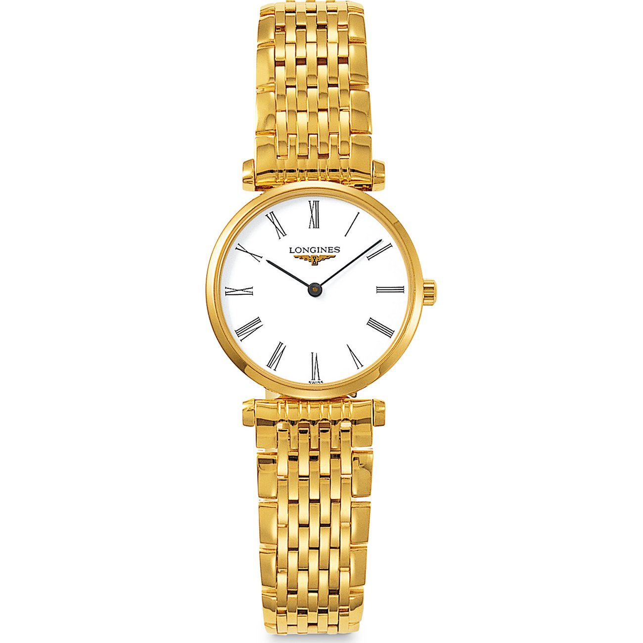 Longines Damenuhr aus goldfarbenem Edelstahl mit weißem Zifferblatt und römischen Ziffern.