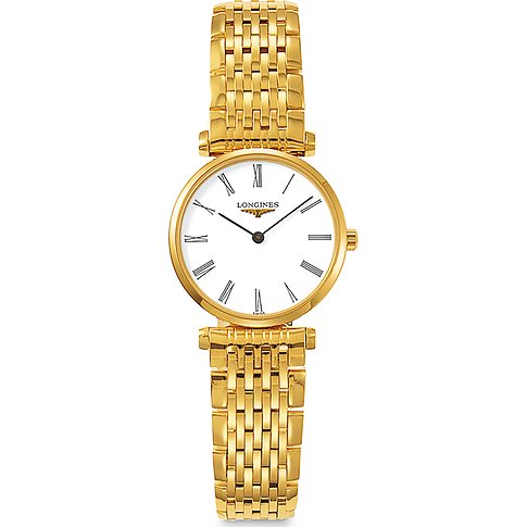 Longines Damenuhr aus goldfarbenem Edelstahl mit weißem Zifferblatt und römischen Ziffern.