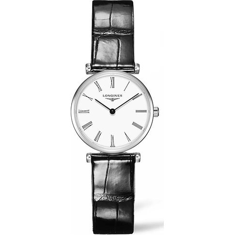 Longines Damenuhr mit Edelstahlgehäuse, weißem Zifferblatt und schwarzem Lederarmband.