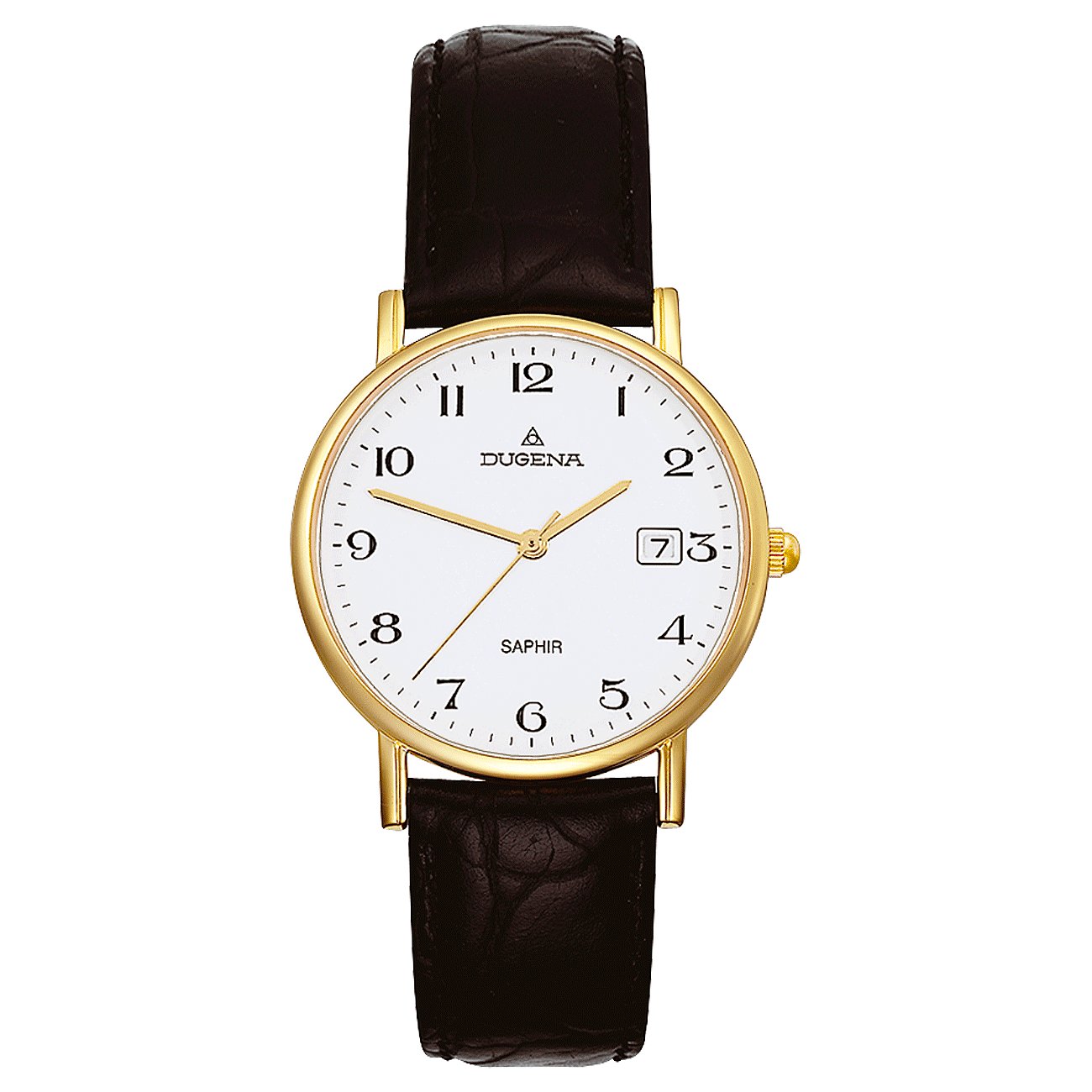 Dugena Herrenuhr aus goldfarbenem Edelstahl mit weißem Zifferblatt, braunem Krokodil-Lederarmband und goldfarbenen Zeigern.
