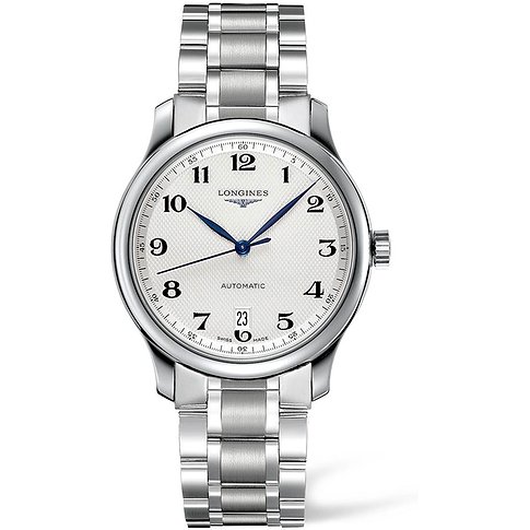 Longines Herrenuhr mit Edelstahlgehäuse, weißem Zifferblatt und Automatikwerk.