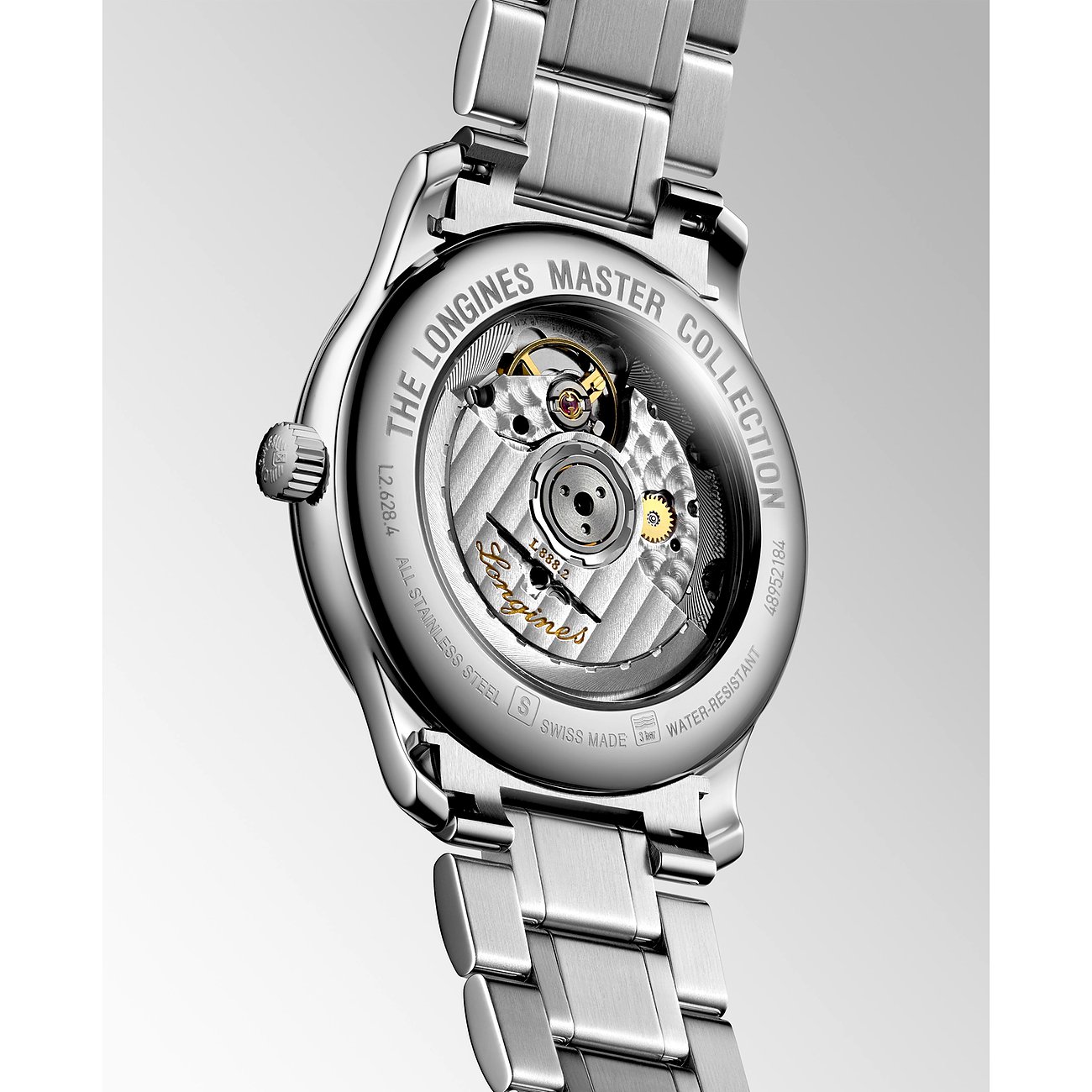 Longines Herrenuhr aus Edelstahl mit Sichtboden und Automatikwerk.