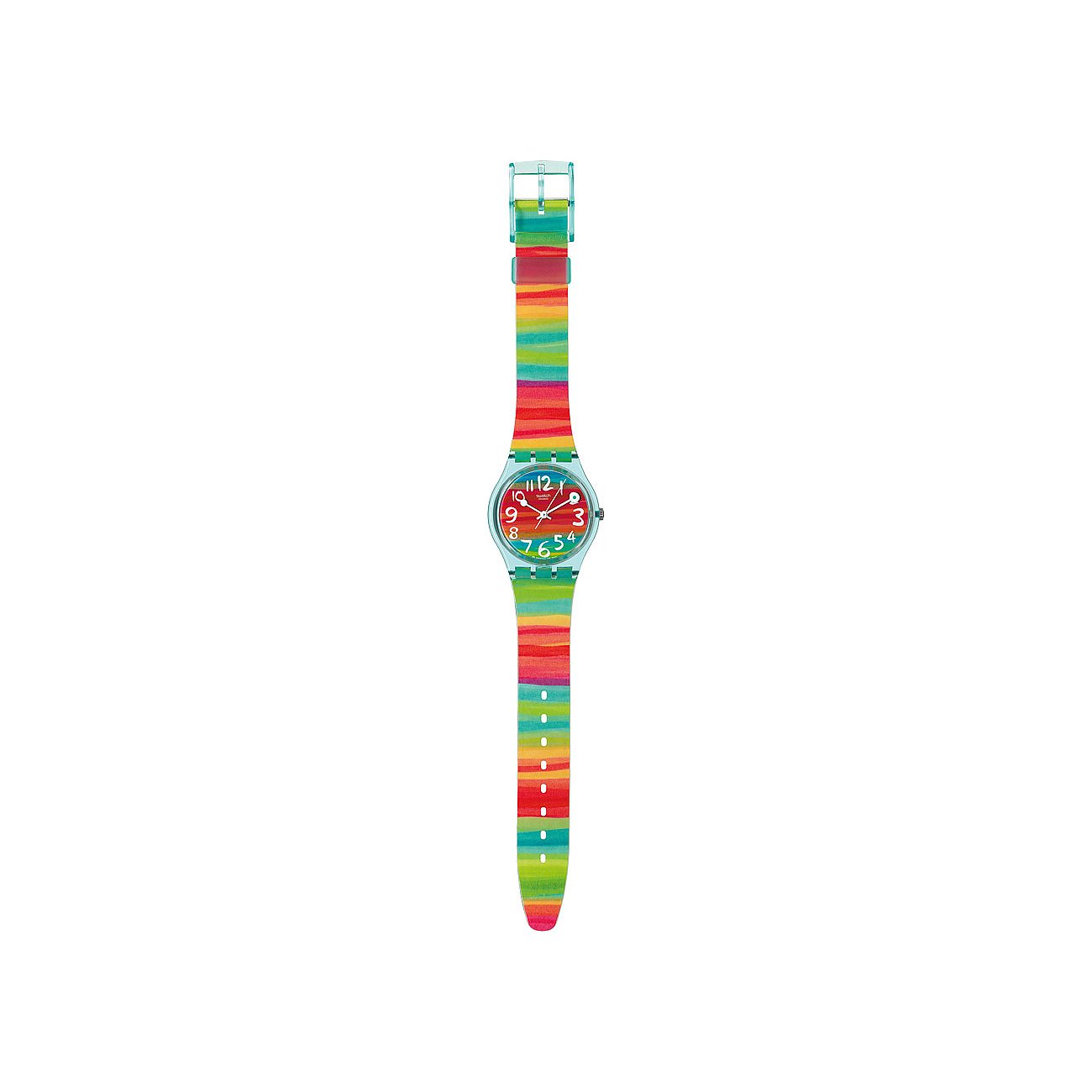 Die Swatch Damenuhr aus Kunststoff hat ein bunt gestreiftes Armband und ein rotes Zifferblatt mit grünen Zahlen.