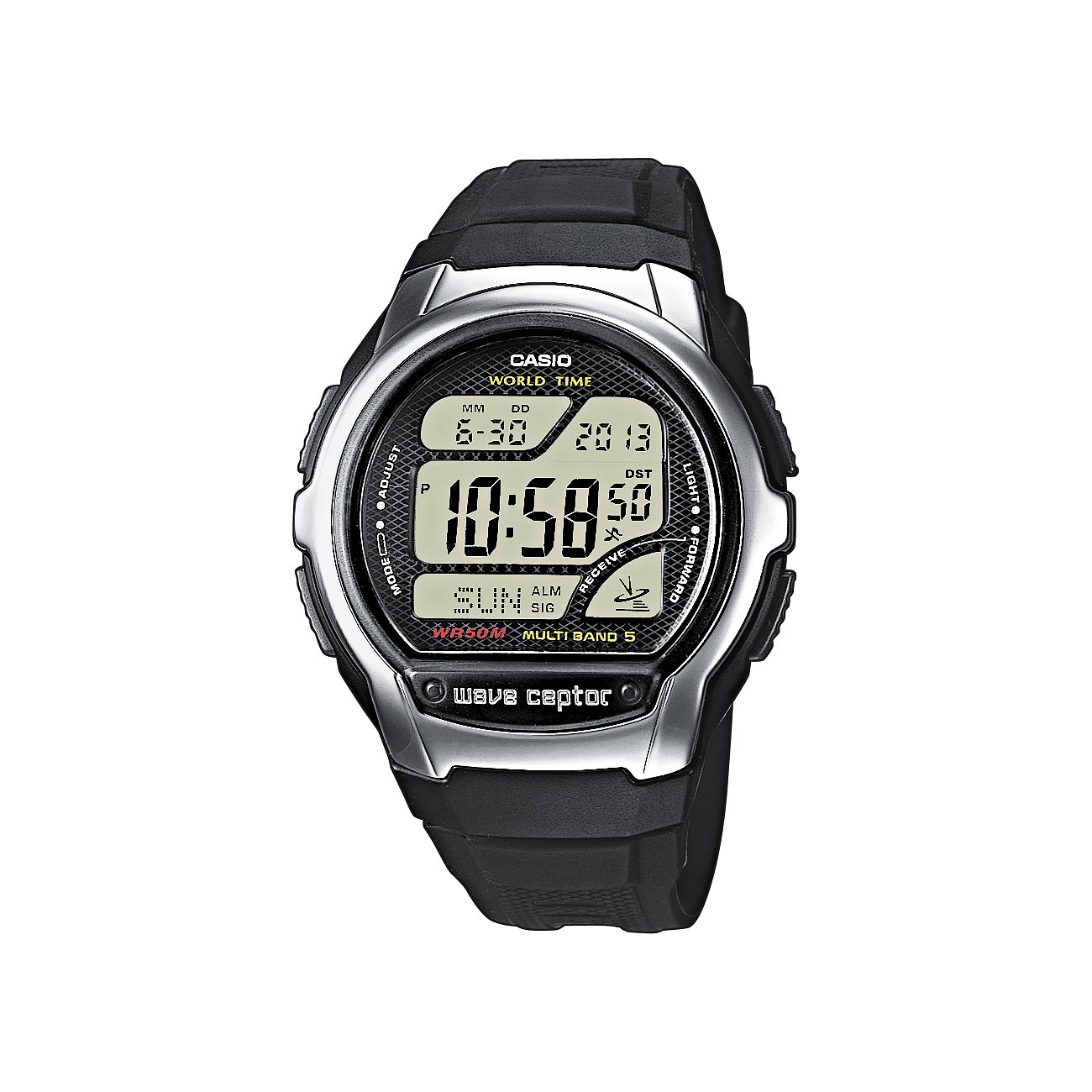 Casio Herrenuhr aus Edelstahl mit schwarzem digitalem Zifferblatt und schwarzem Band auf weißem Hintergrund.