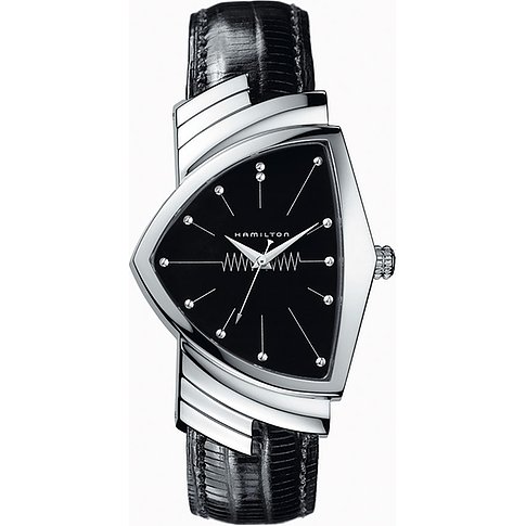 Hamilton Herrenuhr mit Edelstahlgehäuse, schwarzem Zifferblatt und silberfarbenen Akzenten.