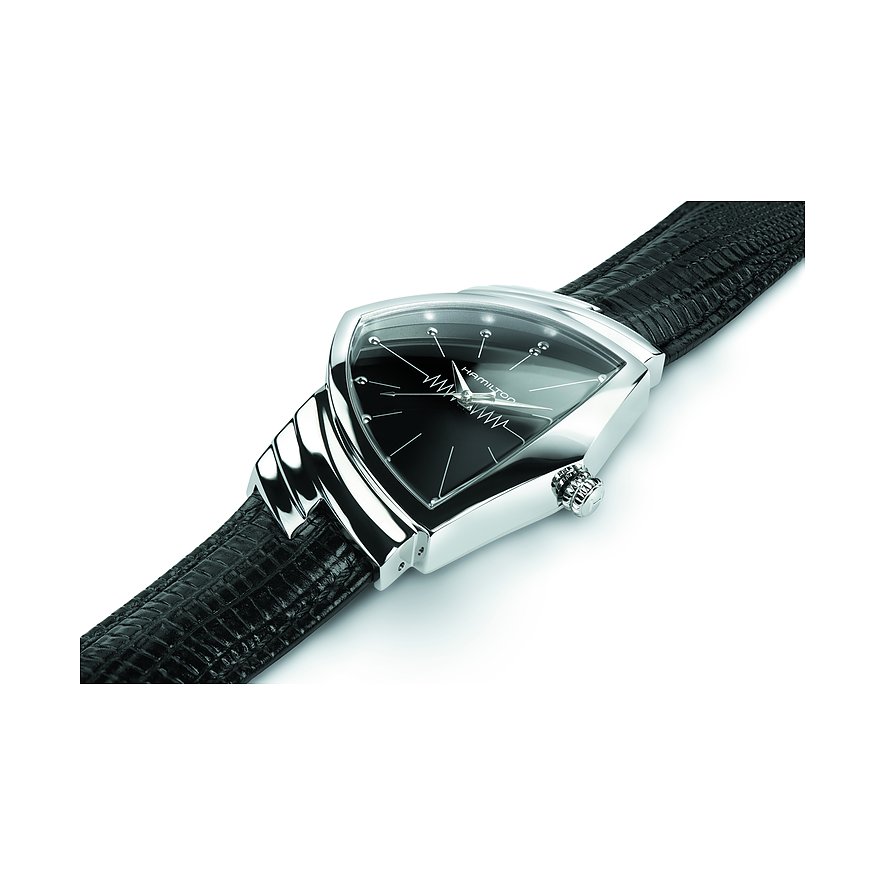 Hamilton Herrenuhr mit Edelstahlgehäuse und schwarzem Lederarmband.