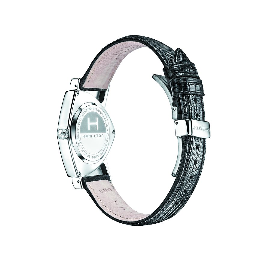 Hamilton Herrenuhr mit Edelstahlgehäuse und schwarzem Lederarmband.