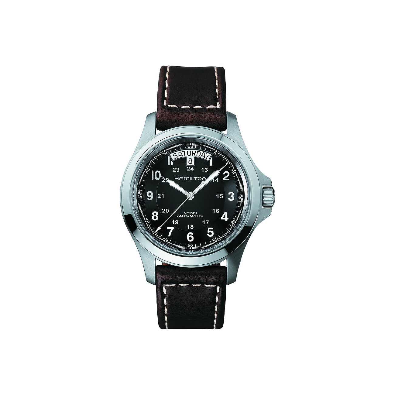 Hamilton Herrenuhr mit Edelstahlgehäuse und schwarzem Zifferblatt.