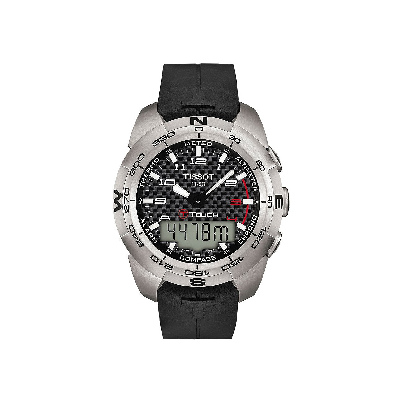 Tissot Herrenuhr aus Titan mit schwarzem Zifferblatt, schwarzem Armband und digitaler Anzeige.