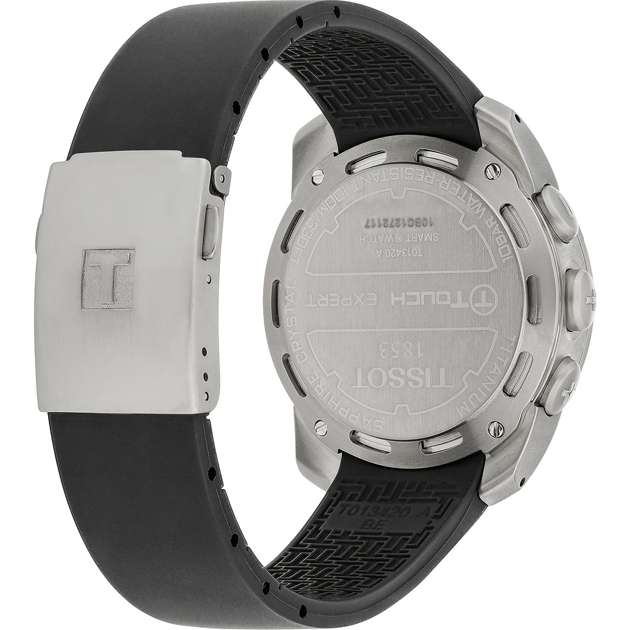 Rückansicht der Tissot Herrenuhr aus Titan, mit schwarzem Armband und Tissot-Logo auf der Schließe.
