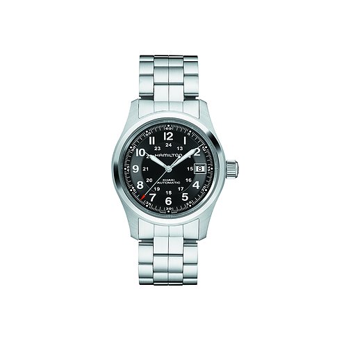 Hamilton Damenuhr mit Edelstahlgehäuse, schwarzes Zifferblatt und analoger Anzeige.