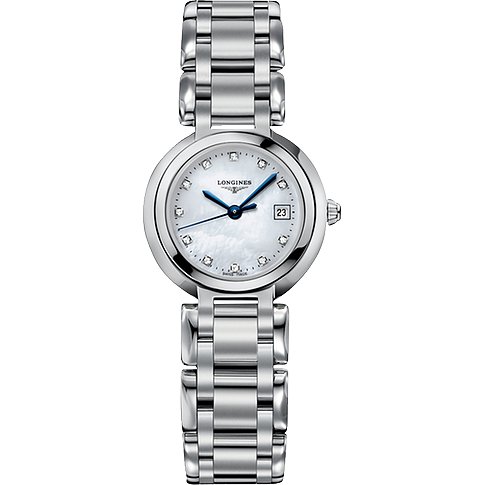 Longines Damenuhr aus Edelstahl mit schimmerndem Zifferblatt und kleinen Schmucksteinen als Stundenmarkierungen.