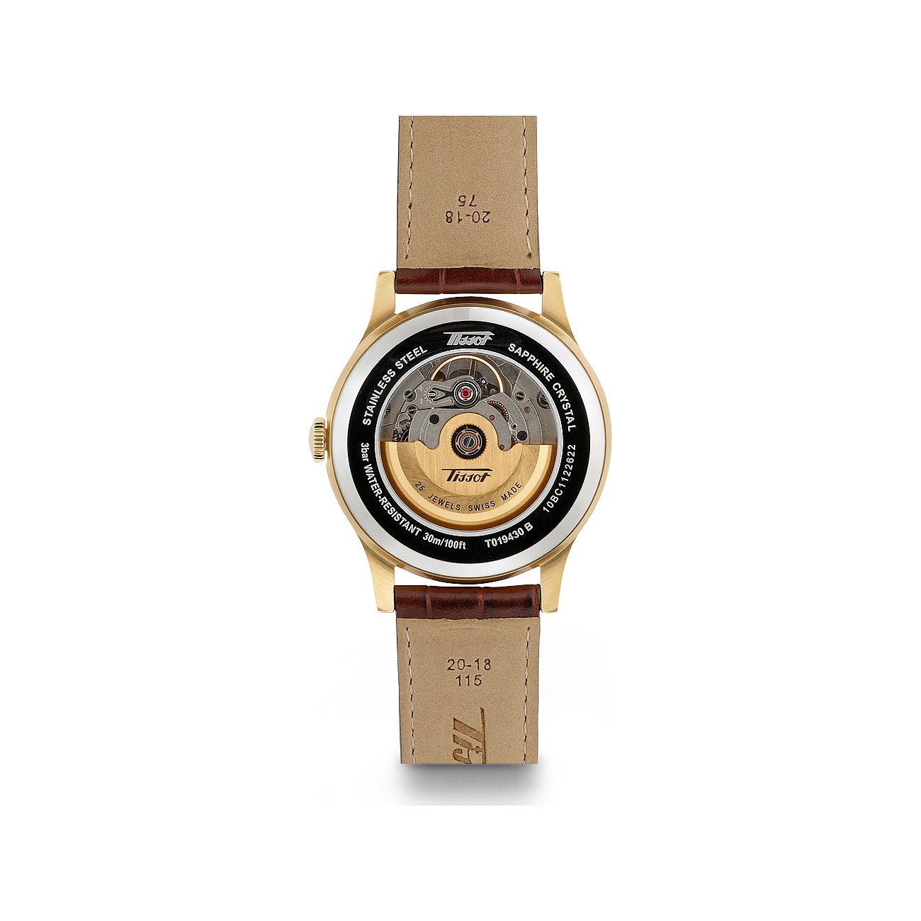 Rückansicht der Tissot Herrenuhr aus goldfarbenem Edelstahl mit dunkelbraunem Lederarmband und sichtbarem Uhrwerk.