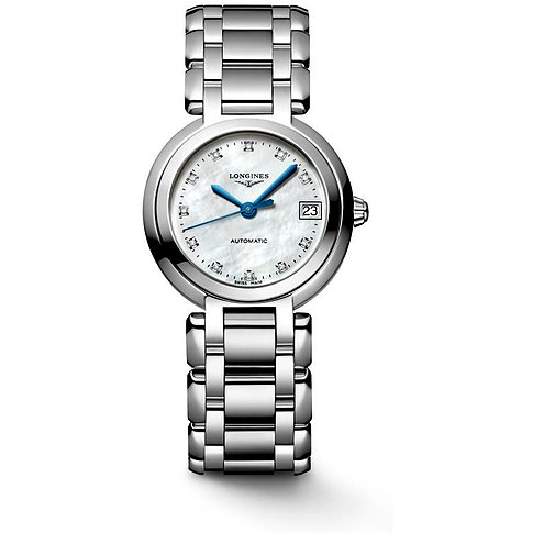 Longines Damenuhr mit Edelstahlgehäuse, weißem Zifferblatt und Diamanten.