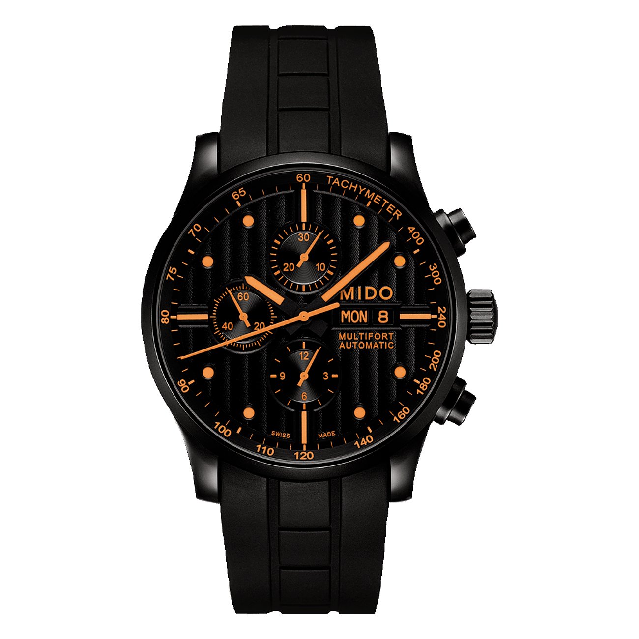 Mido Multifort Herrenuhr aus PVD-beschichtetem Edelstahl mit schwarzem Zifferblatt und leuchtend orangen Akzenten.