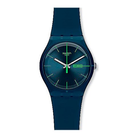 Montre Swatch homme bleu foncé au cadran chatoyant verdâtre et affichage de la date.