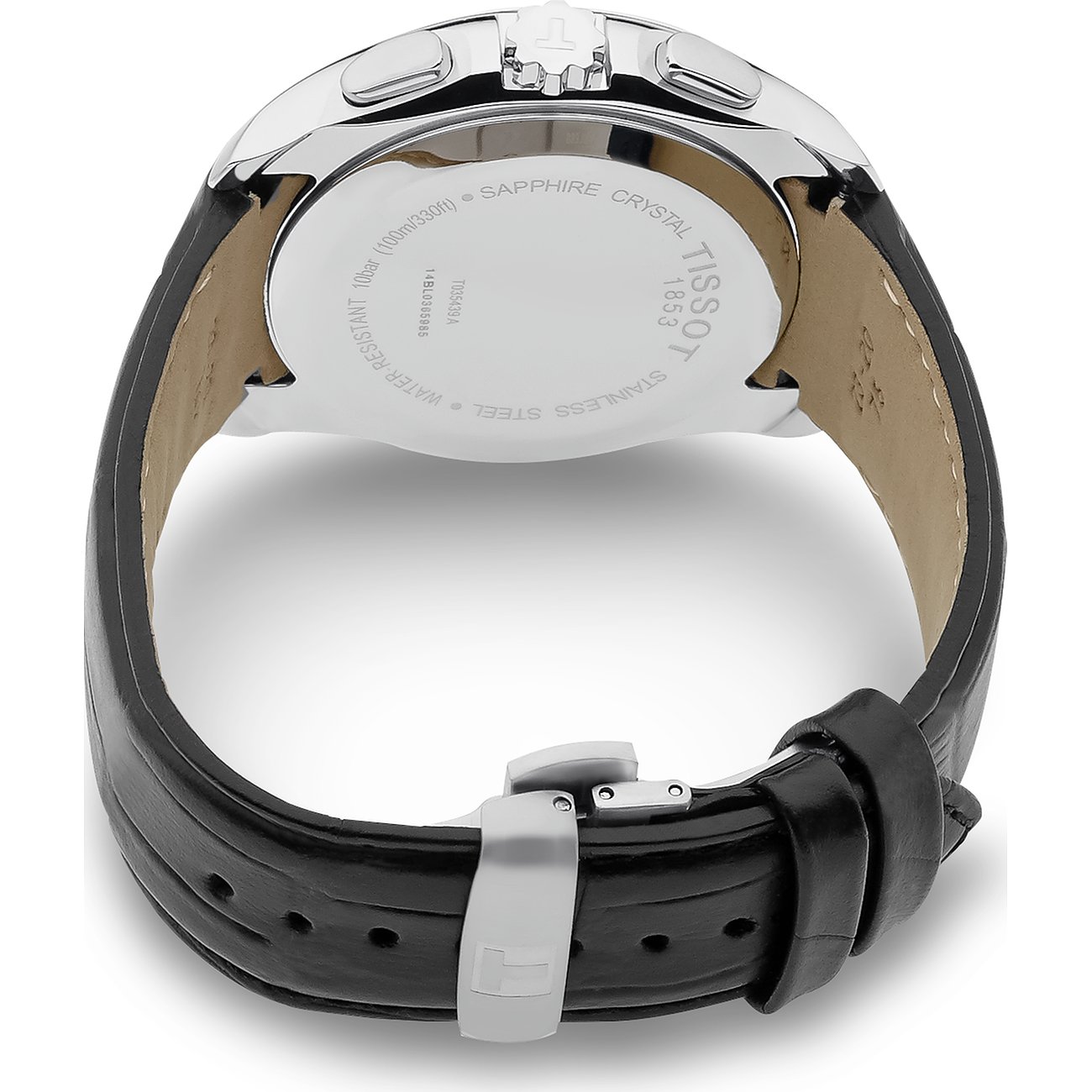 Rückansicht der Tissot Herrenuhr aus Edelstahl mit geschwärztem Lederarmband und silberner Schließe.