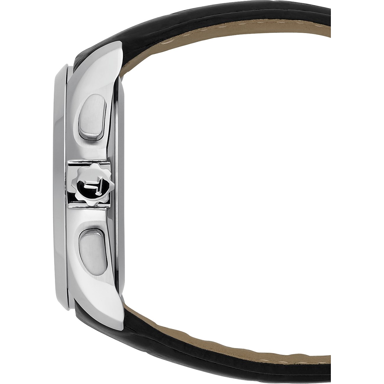 Seitenansicht der Tissot Herrenuhr aus Edelstahl mit schwarzem Armband und Bedienelementen.