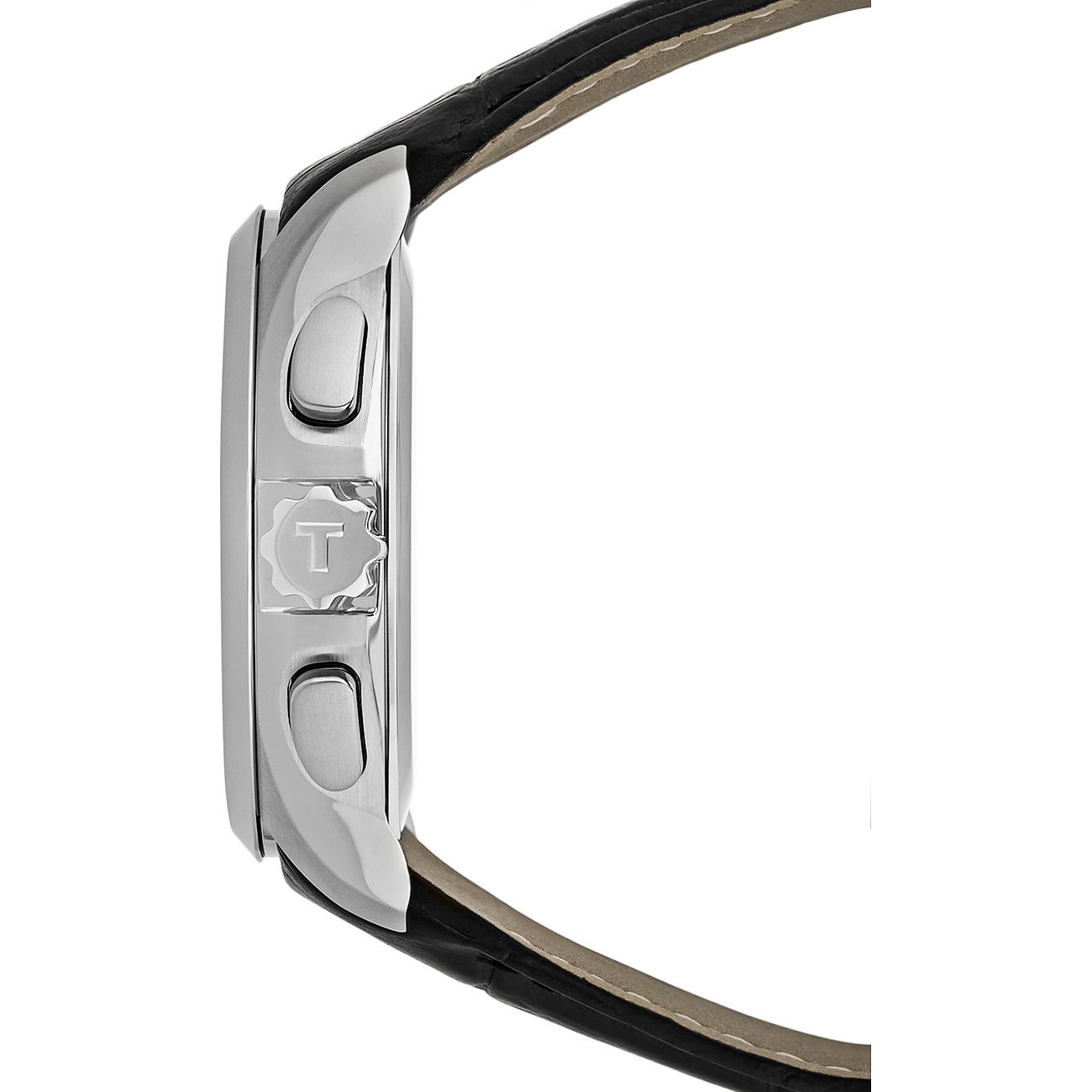 Seitenansicht der Tissot Herrenuhr aus Edelstahl mit schwarzem Lederband, mit Blick auf die Krone und Drücker.