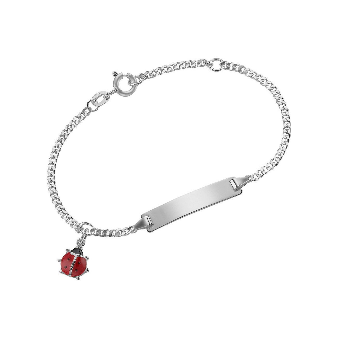 FAVS Little Friends Kinderarmband aus rhodiniertem 925er Silber mit gravierbarer Platte und Marienkäfer-Anhänger.