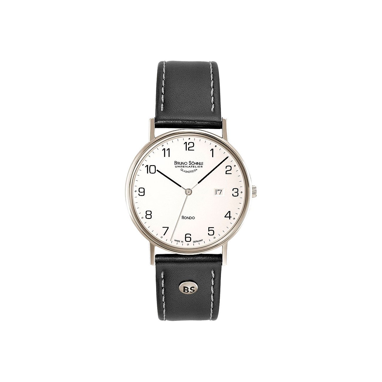Bruno Söhnle Herrenuhr mit Edelstahlgehäuse, weißem Zifferblatt und schwarzem Lederarmband.