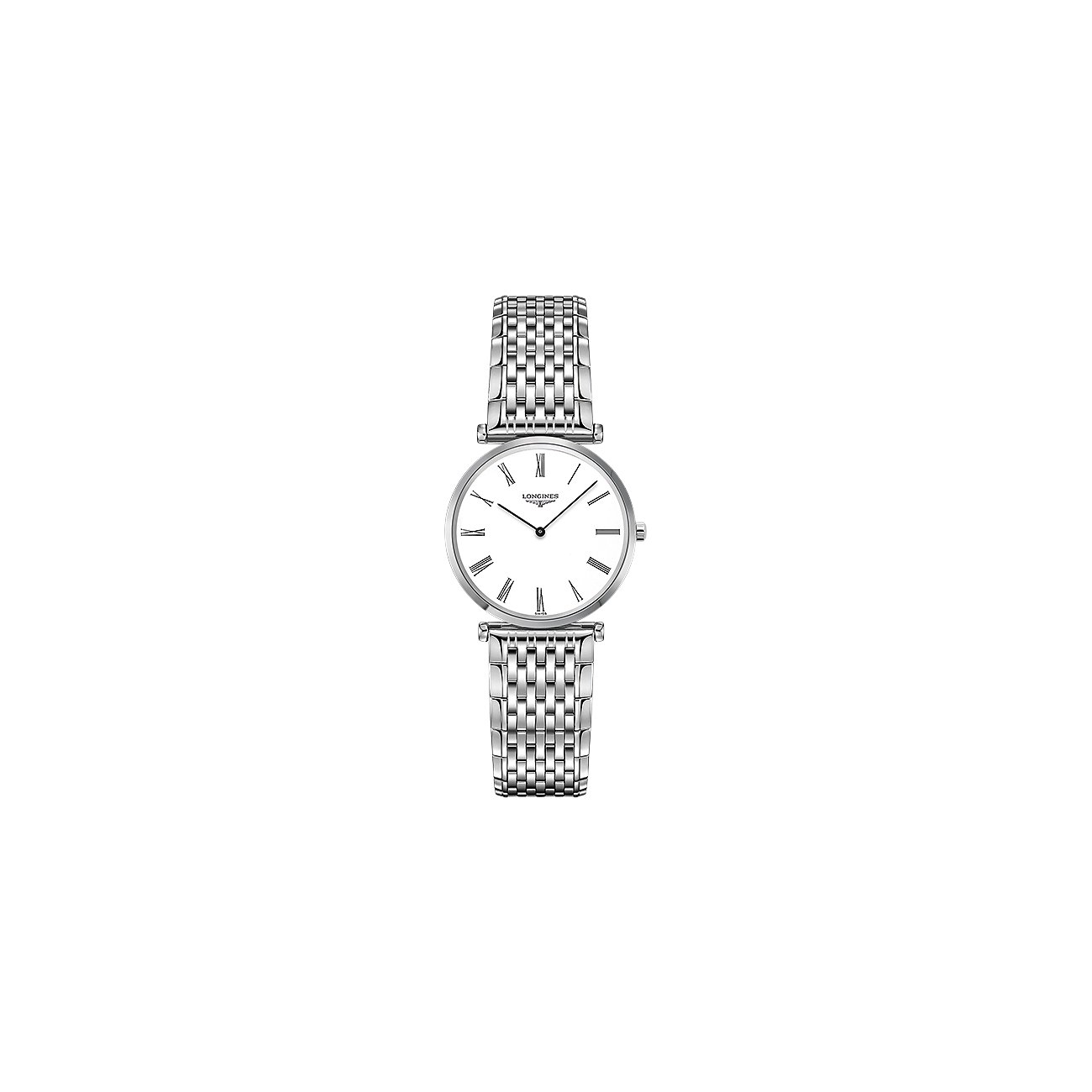 Longines Damenuhr mit Edelstahlgehäuse und silberfarbenem Armband, analog.