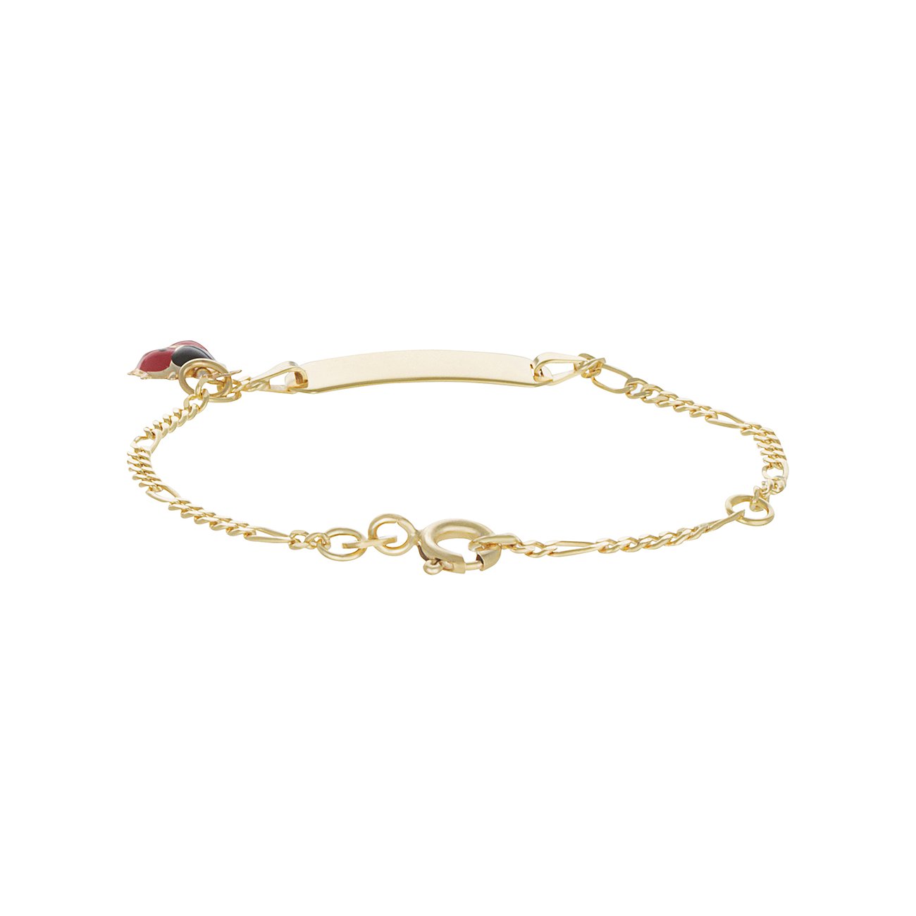 FAVS Goldarmband aus Gelbgold mit figaroförmiger Gliederkette, Namensschild und Marienkäfer-Anhänger.