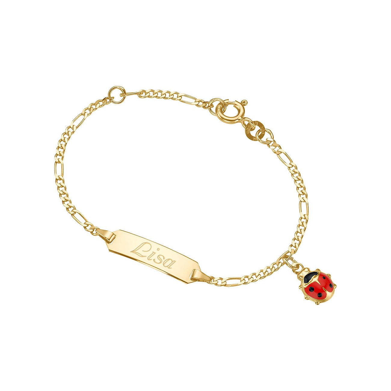 FAVS Goldarmband aus Gelbgold mit Namensplättchen „Lisa“ und Marienkäfer-Anhänger, von oben.