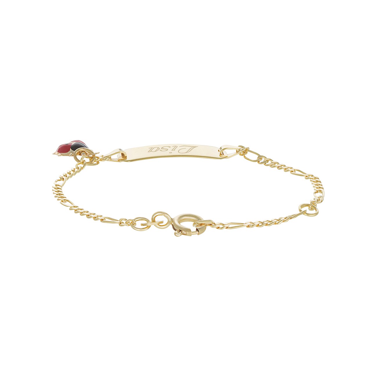FAVS Goldarmband aus 333 Gelbgold mit Namensplakette, deren Gravur als spiegelverkehrtes „Lisa“ erscheint.