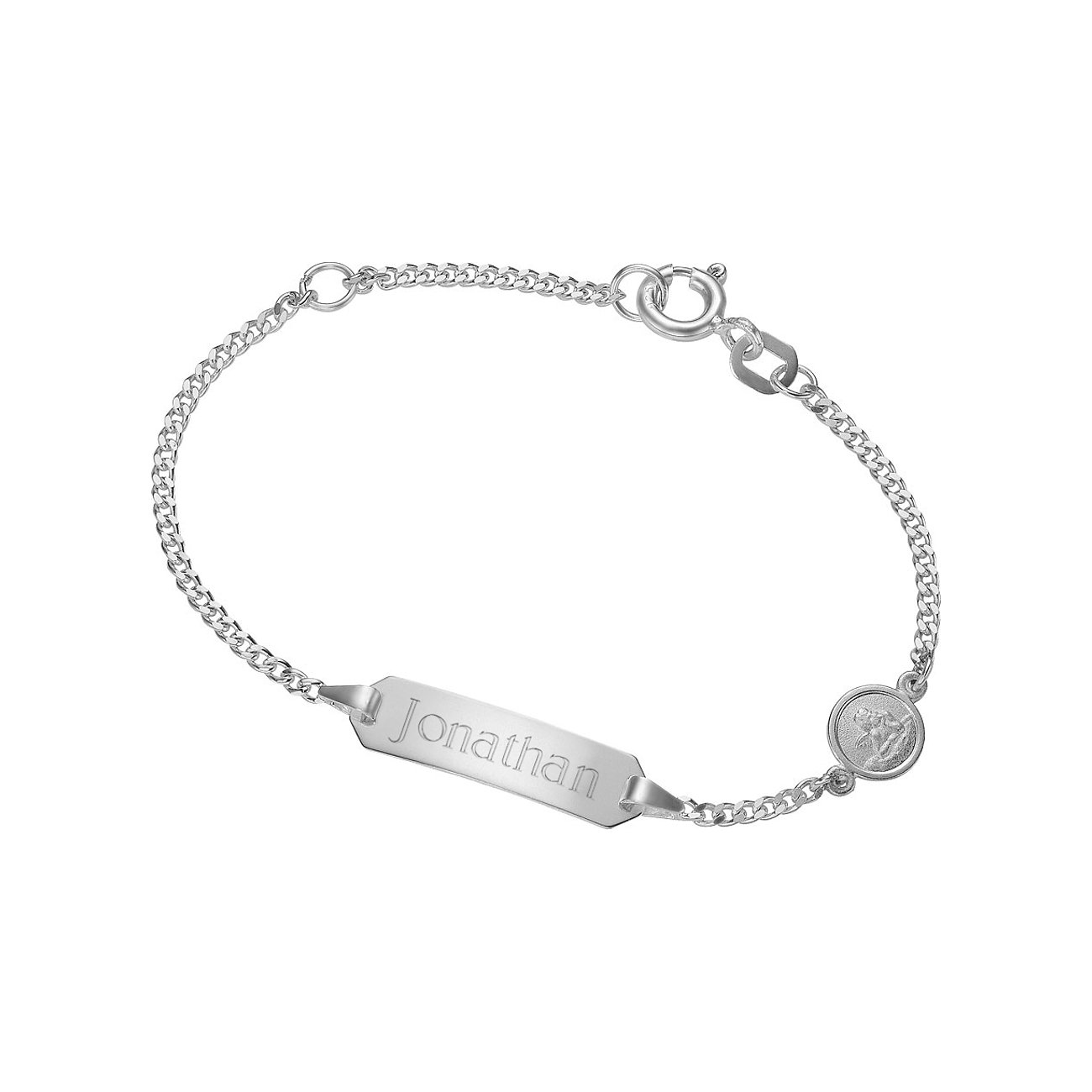 FAVS Little Friends Namensarmband aus rhodiniertem 925er Silber mit „Jonathan“ Schriftzug und Schutzengel-Medaillon.