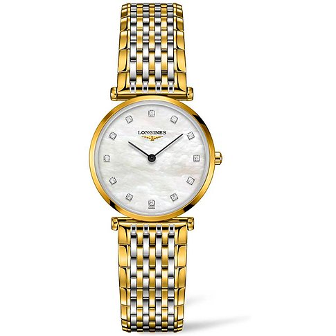 Longines Damenuhr mit Edelstahlgehäuse, bicolor, analog, mit Diamanten.