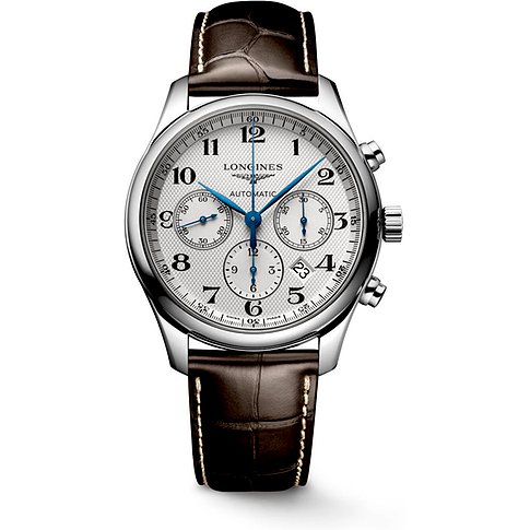 Longines Herrenuhr mit Edelstahlgehäuse, silbernem Zifferblatt und Chronograph.