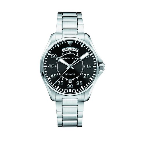 Hamilton Herrenuhr mit Edelstahlgehäuse und schwarzem Zifferblatt.