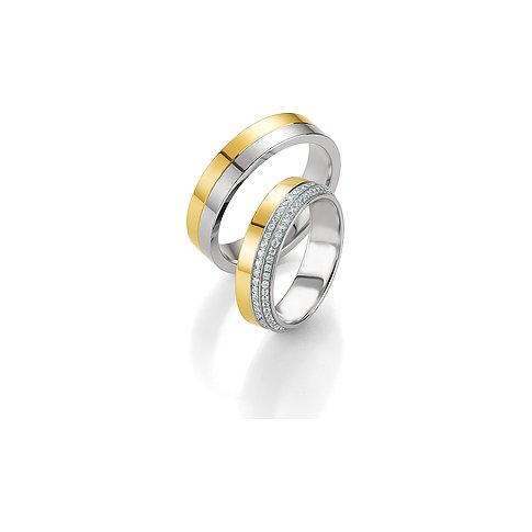 CHRIST Trauringe aus konfiguriertem Material, bicolor, mit weißen Steinen.